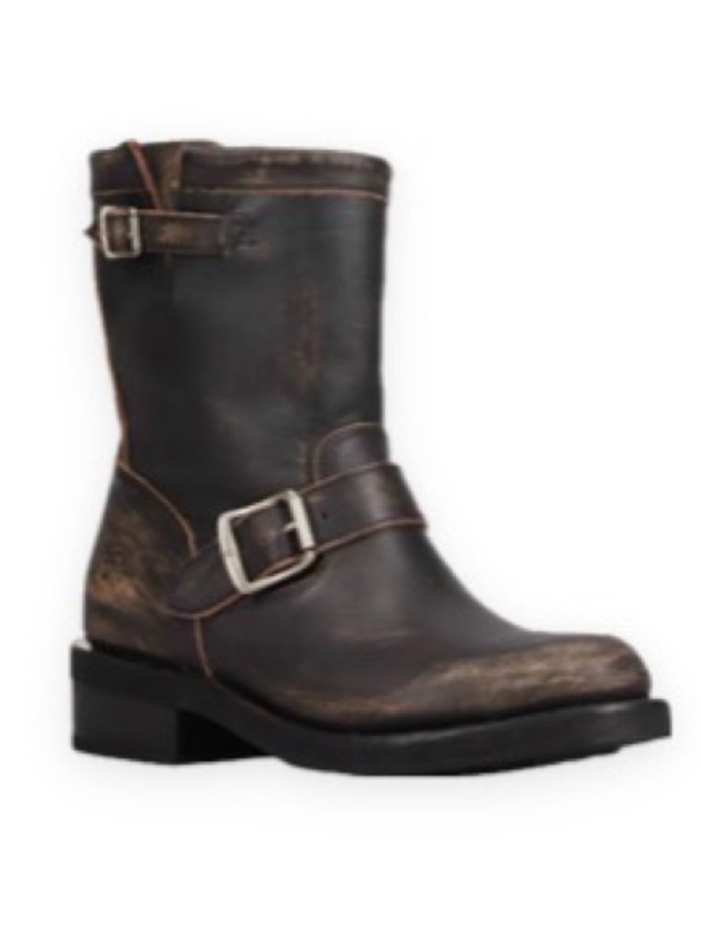 Frye Distressed Black/Dark Brown Leather Engineer Boot with Silver Buckles